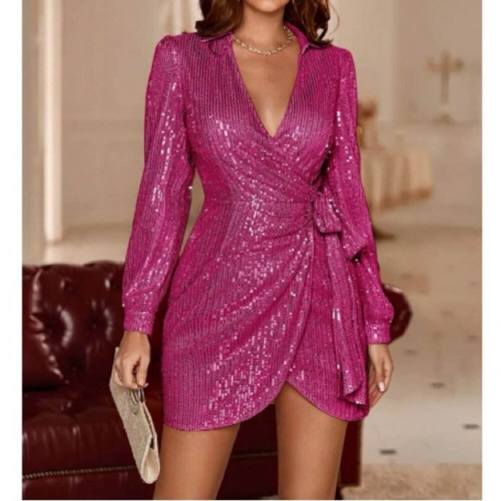 Luxe pink sequin knot side party holidays formal evening mini dress